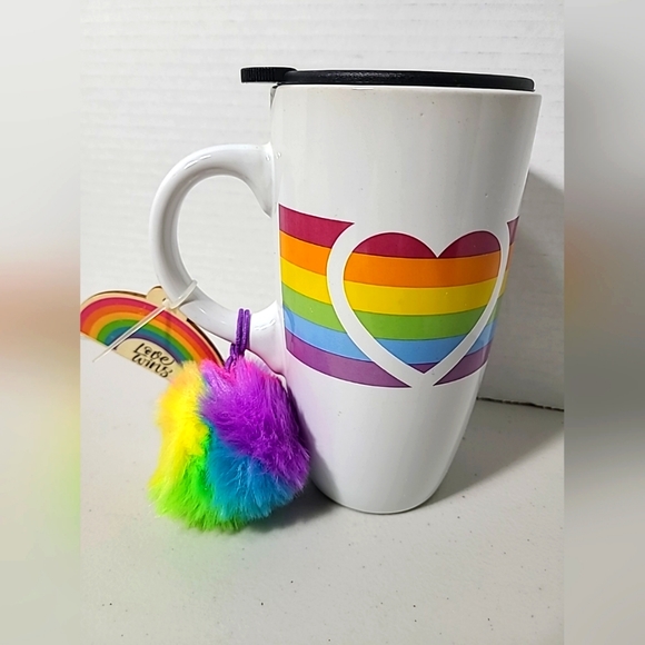 Rainbow Heart Ceramic Tumbler Travel Mug With Lid and Rainbow Pompom - Picture 1 of 8